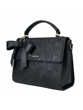 Black Bow Floral Embossed Tooled Artisan LEATHER Cross Body Messenger Bag Purse